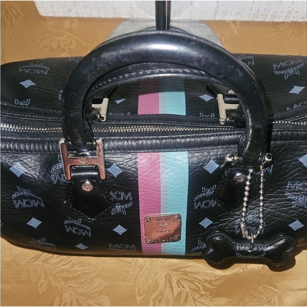 MCM Black Leather Boston Bag with Blue and Pink stripes - Picture 11 of 11